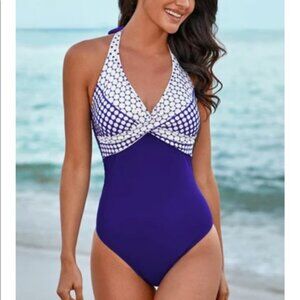 One Piece POLKA DOT Swimsuit Blue White Women Size Small Color Block New